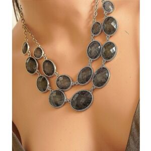 Gold Tone Double Strand Bib Statement Necklace Smoky Grey Oval Faceted Stones